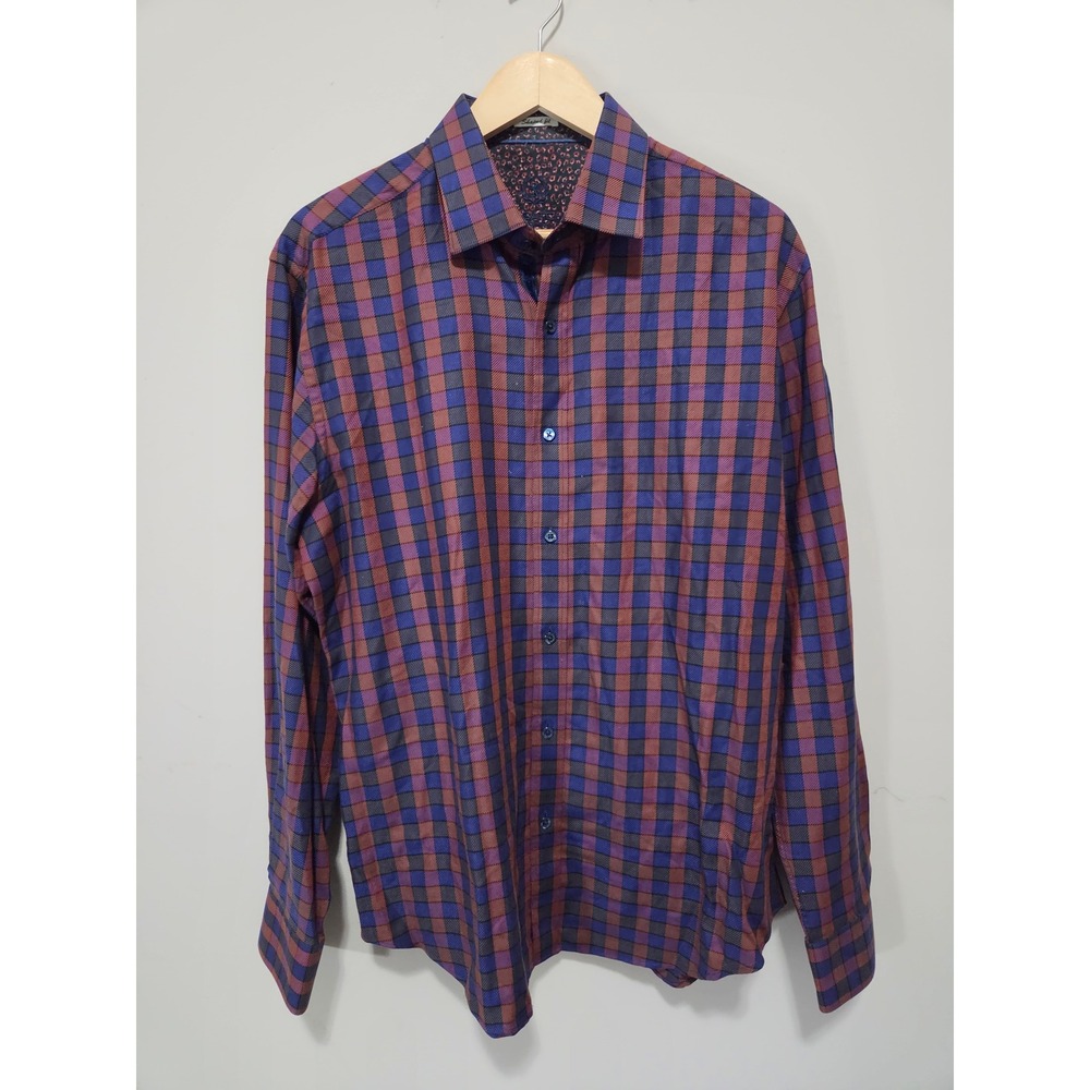 Bugatchi Uomo Mens Shaped Fit‎ Plaid Button Down Shirt Blue Purple Orange Cotton